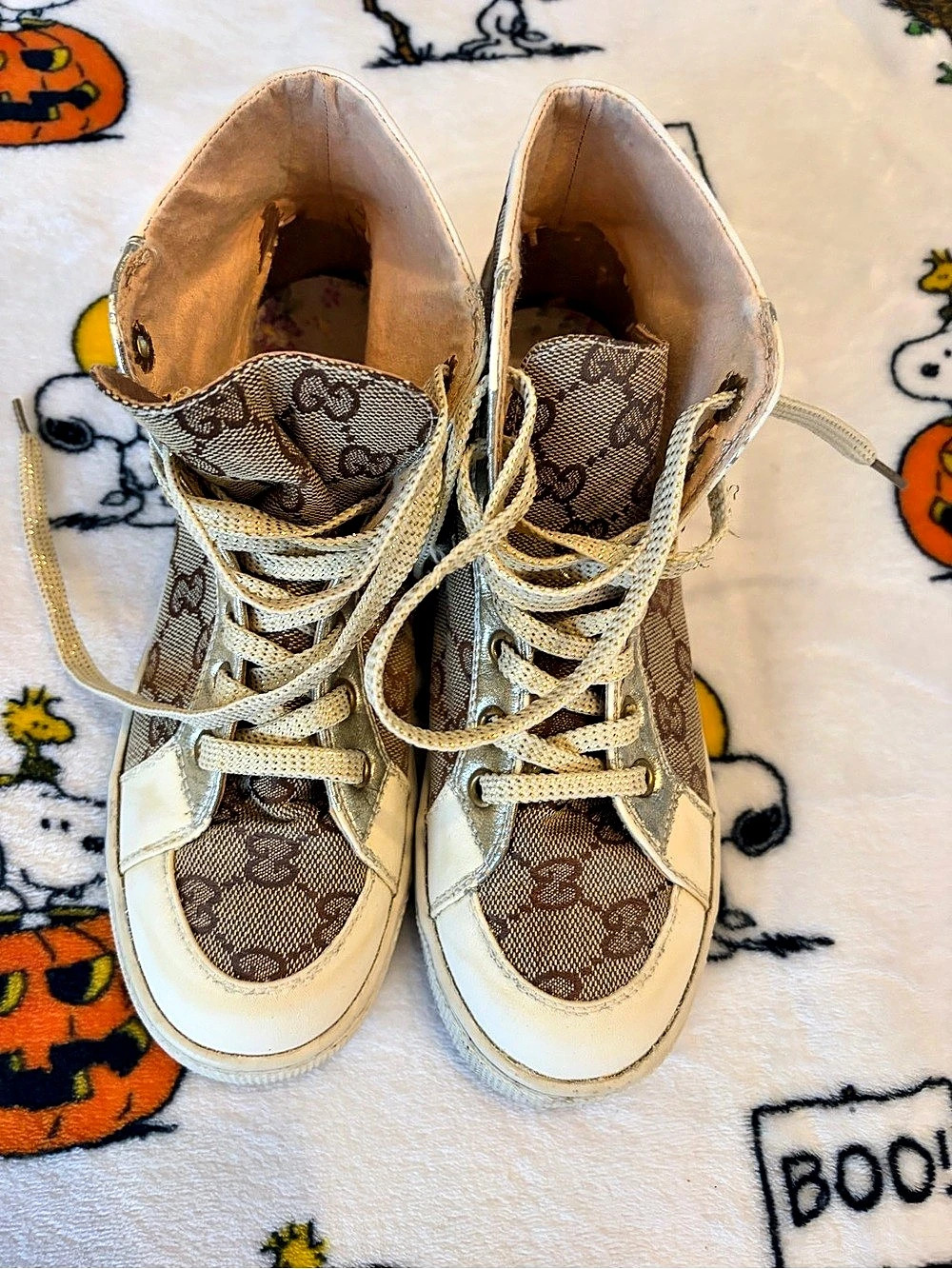 Gucci Monogram High Top Sneakers White & Brown EU 36